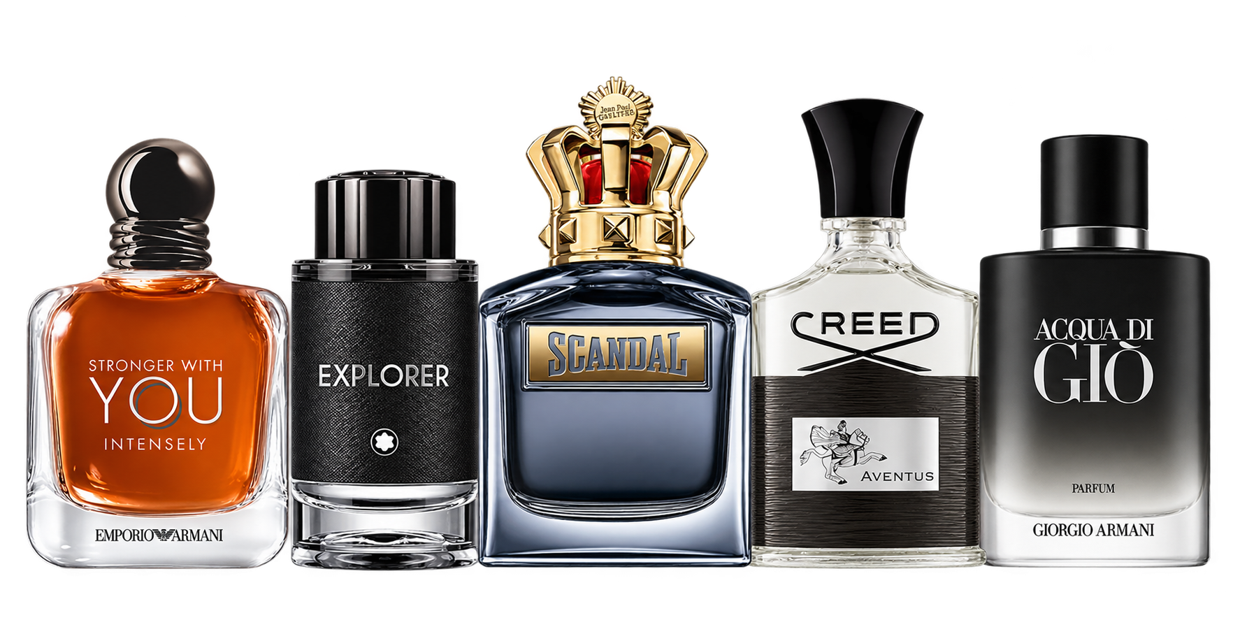 Armani Stronger With You, Montblanc Explorer, Jean Paul Gaultier Scandal, Creed Aventus y Armani Acqua Di Gio