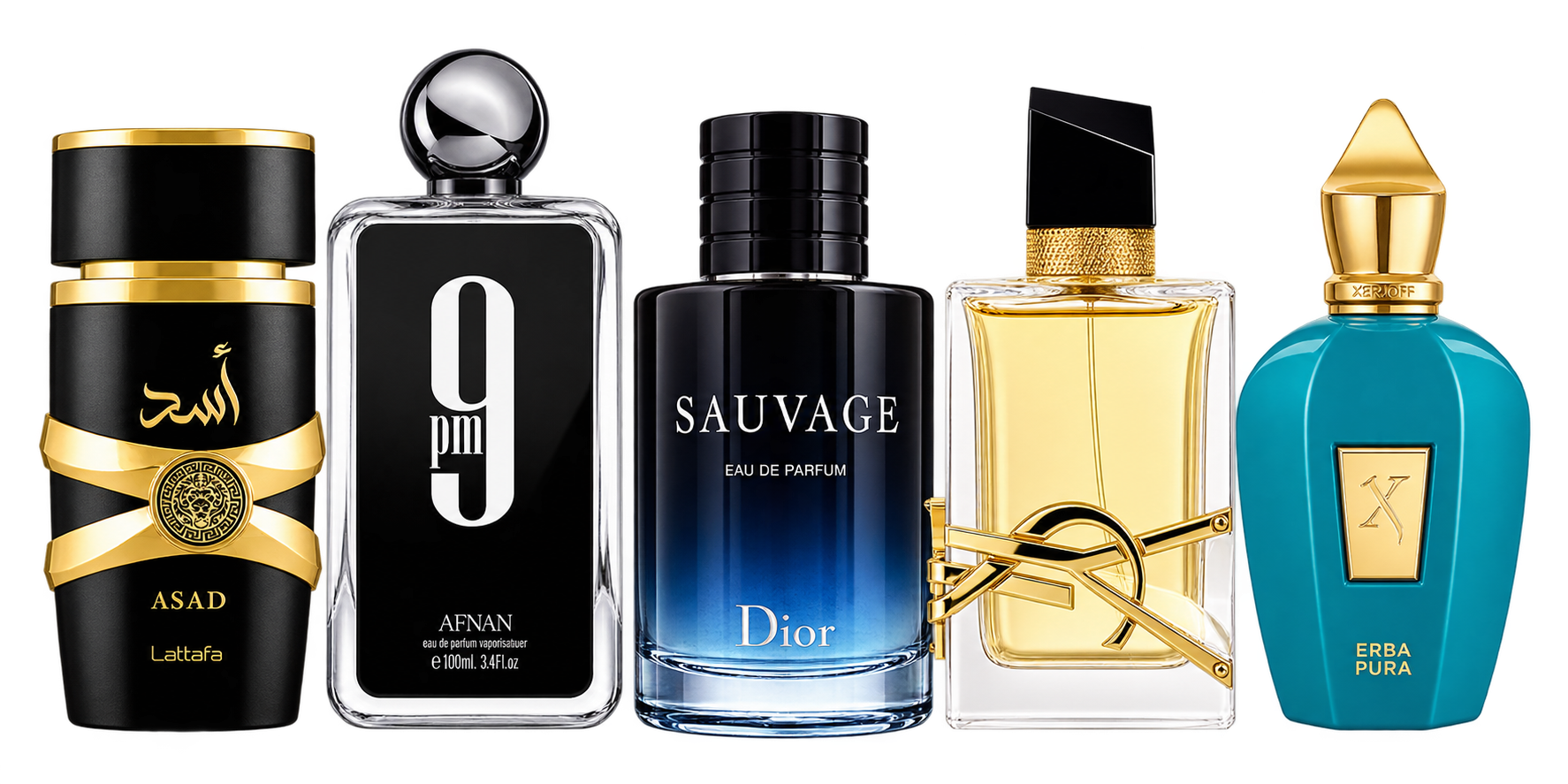 Lattafa Asad, Afnan 9PM, Dior Sauvage, Yves Saint Laurent Libre y Xerjoff Erba Pura